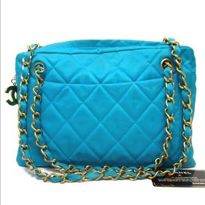 Auth Chanel Nylon Double Chain Bag in Blue
